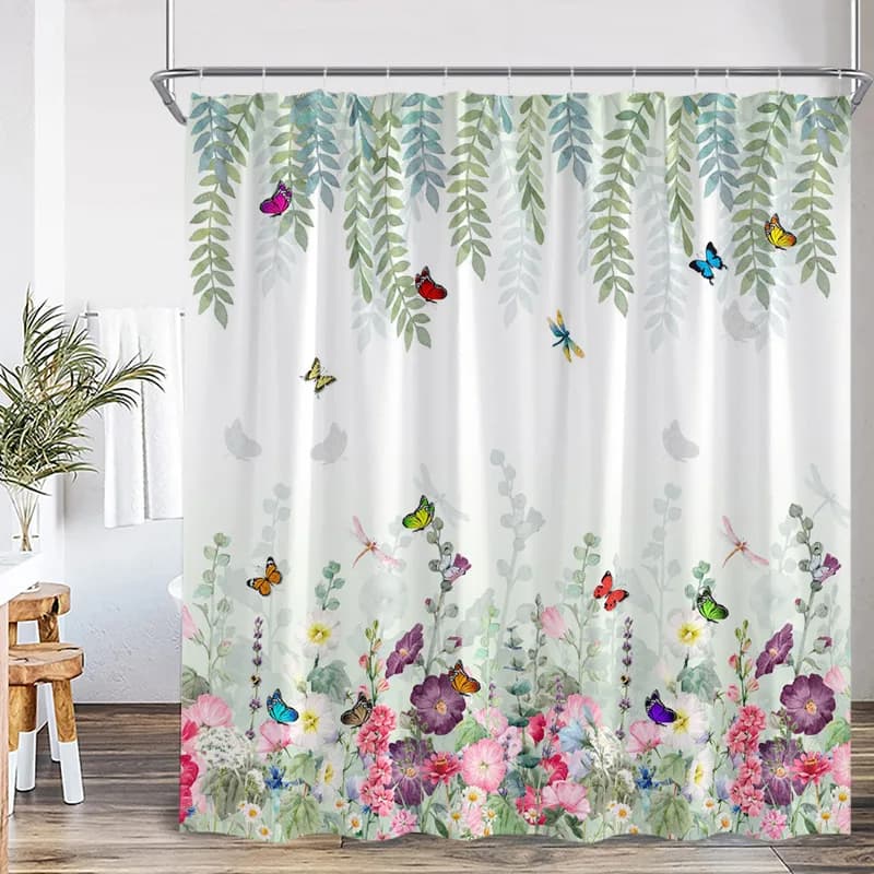 Tenda da doccia con farfalle e fiori, foglie verdi, libellule, piante acquerello, tende da bagno in tessuto di poliestere, decorazioni per il bagno