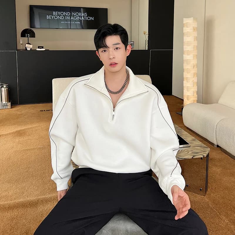 Loose Casual Men's Hoodie f Zipper Stand Collar Heavy Air Layer Top Faionable Korean Sle Polyester Fabric Pure Color