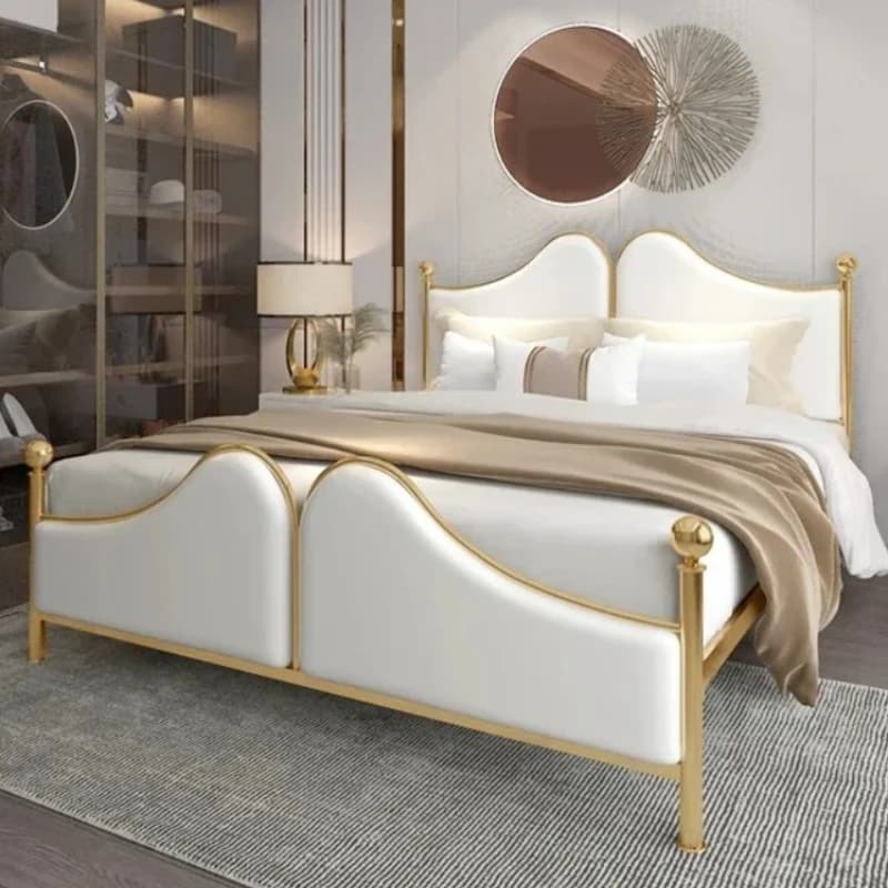Letto Matrimoniale 180x200cm in Ferro Battuto Dorato Stile Nordico Lusso Leggero, Letto in Metallo Moderno Semplice con Rivestimento Morbido