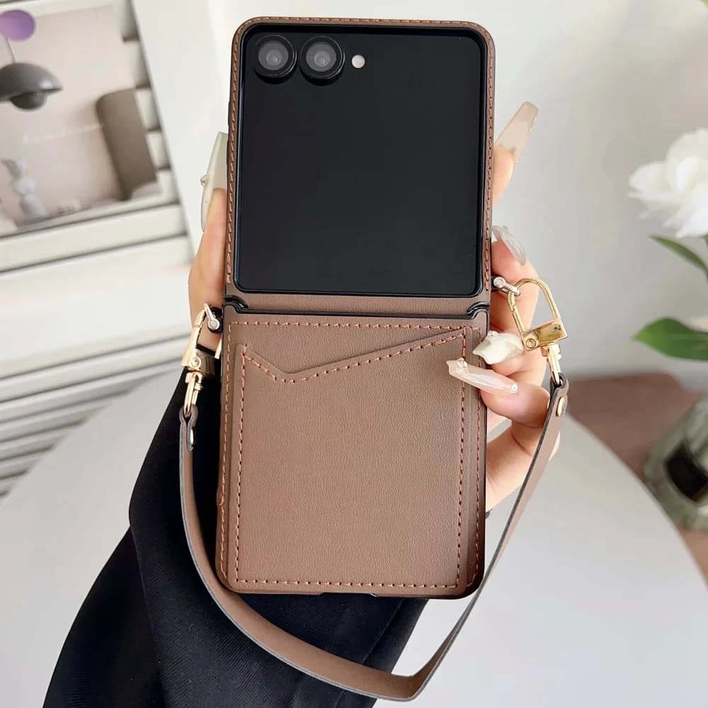 Leather Wallet Phone Case For Samsung Z Flip 7 6 5 4 Card Slot Soft Cover For Galaxy Z Flip7FE Flip7 Wrist Strap Chain Cover