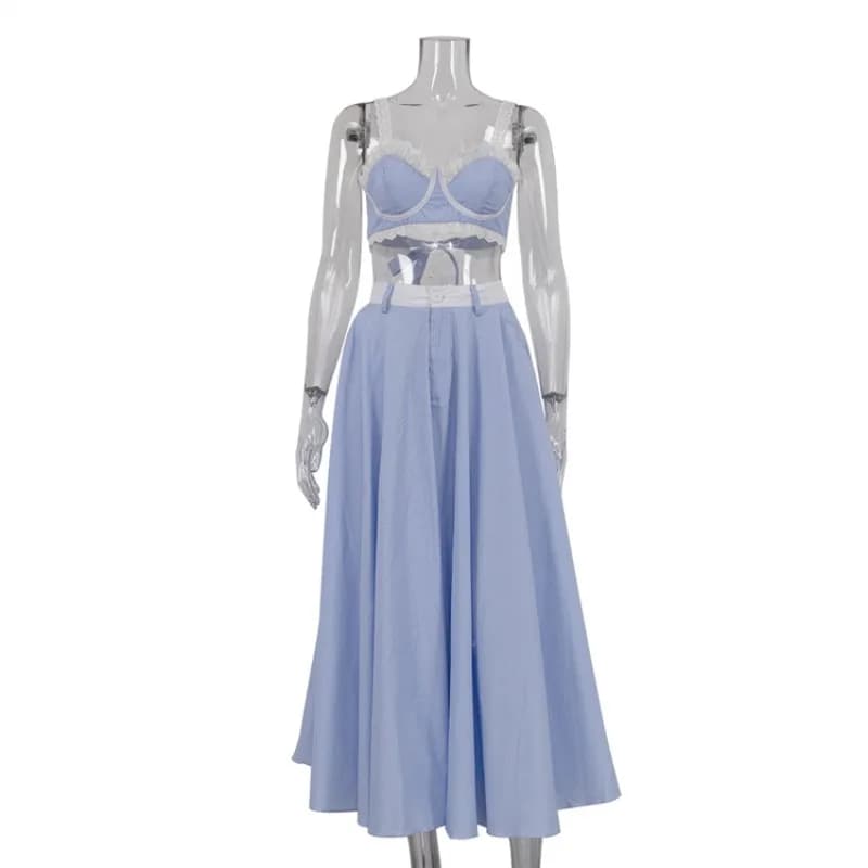 Completo da donna due pezzi con top a bretelle in pizzo e gonna a vita alta a balze, stile Spice Girl