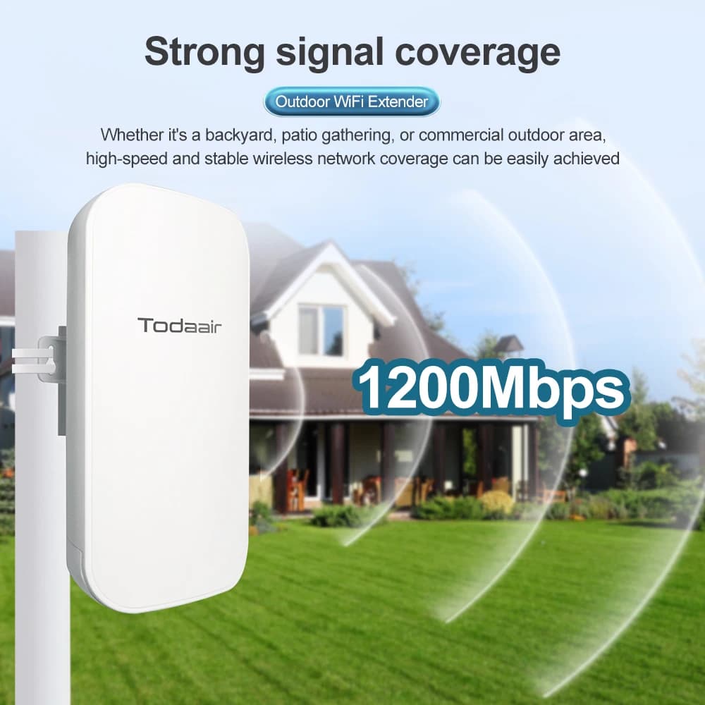 Todaair AC1200 Ripetitore WiFi a doppia banda impermeabile per esterni Ripetitore WiFi Copertura wireless almeno Portata segnale estesa di 300 piedi