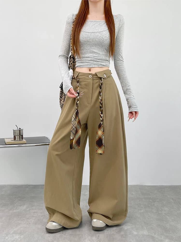 Women's wide leg trousers with retro woven rope belt, washed cotton sports pants, suitable for autumn wear daily casual pants.