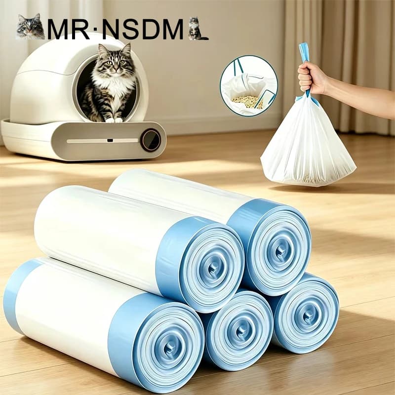 Sacchetti per Rifiuti di Animali Domestici Usa e Getta 47×45cm, 5/10/20/30 Rotoli, con Cordoncino, Impermeabili, Portatili, per Lettiere per Gatti