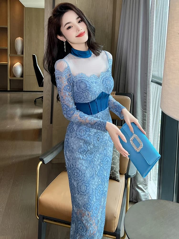Women's Lace Long Dress New Fashion Clothing Elegant See Through Long Sleeve Sexy Slim Midi Party Robe Mujer Fiesta Dress