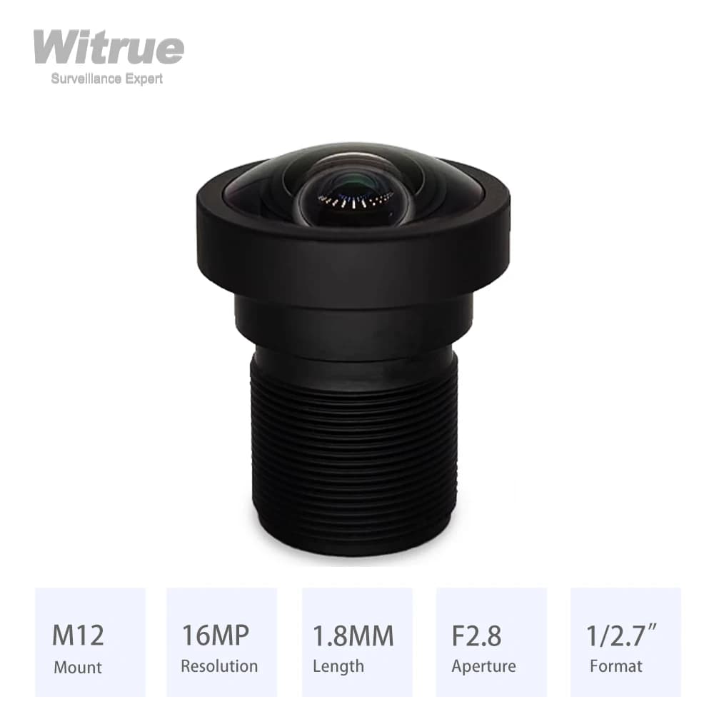 Obiettivo Witrue HD 4K senza distorsioni, 16MP, 1.8MM, attacco M12, apertura F2.8, formato 1/2.7", filtro IR 650nm per action camera