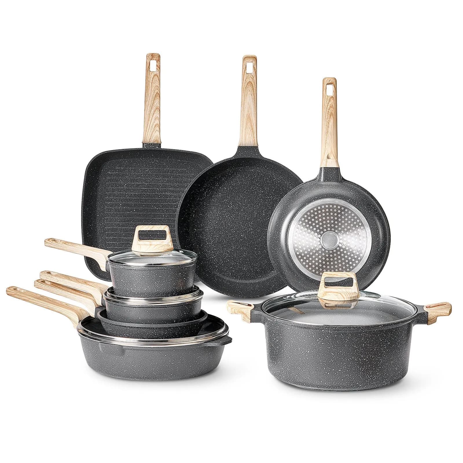 Set di 19 Pezzi di Pentole e Padelle, Set di Pentole Antiaderenti in Granito, Utensili da Cucina per Induzione, Set da Cucina per Camper con Padelle, Pentole per Salse, S