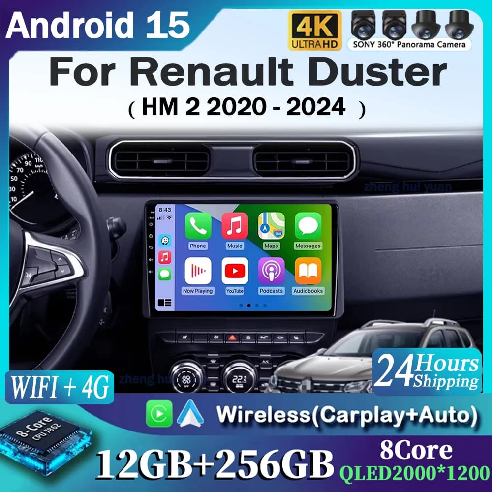 For Renault Duster HM 2 2020 - 2024 2K 12+256 QLED Android 15 CarPlay Car Radio Multimedia Video Player GPS stereo Head Unit