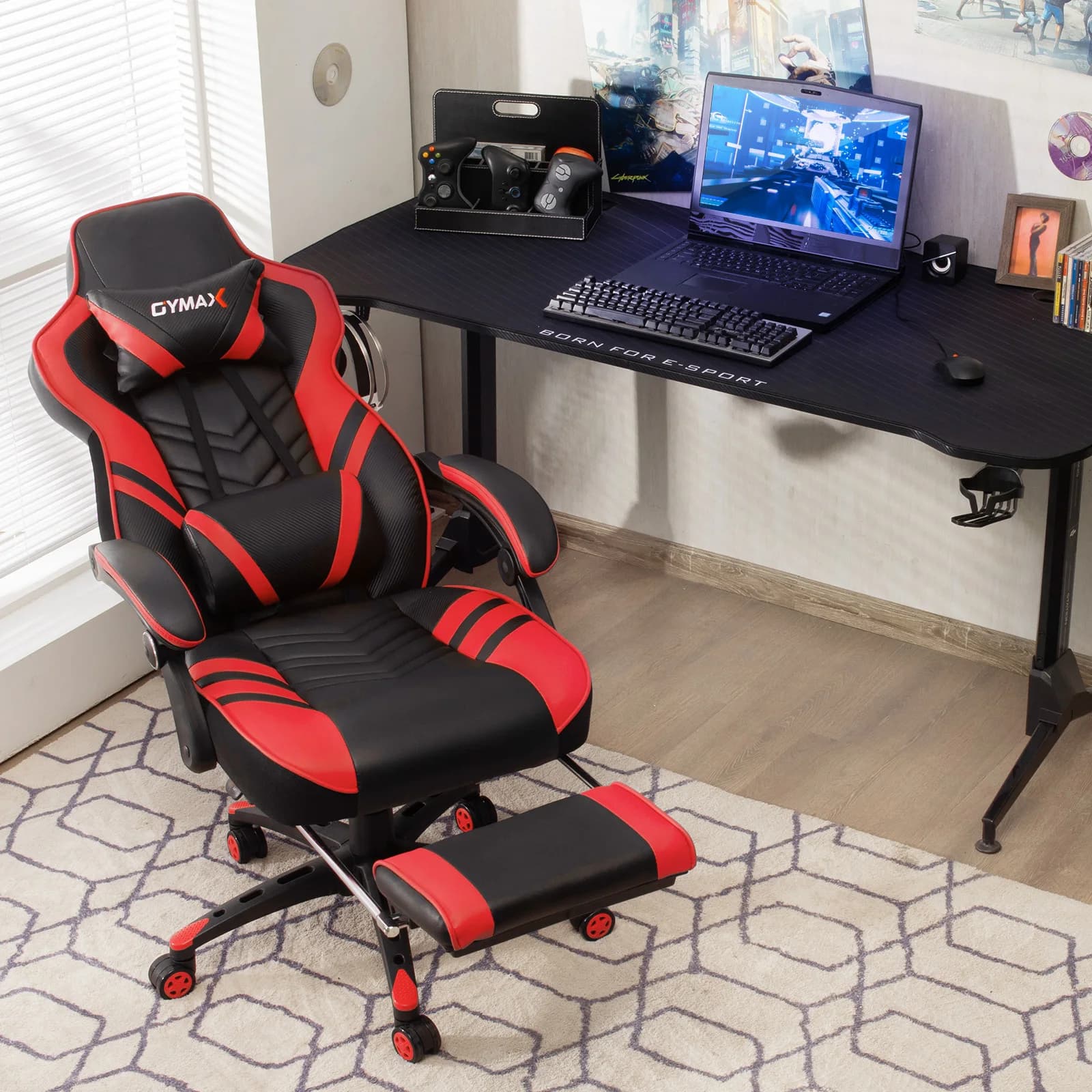 Sedia da ufficio per computer, sedia da gaming, girevole e regolabile con poggiapiedi, colore rosso