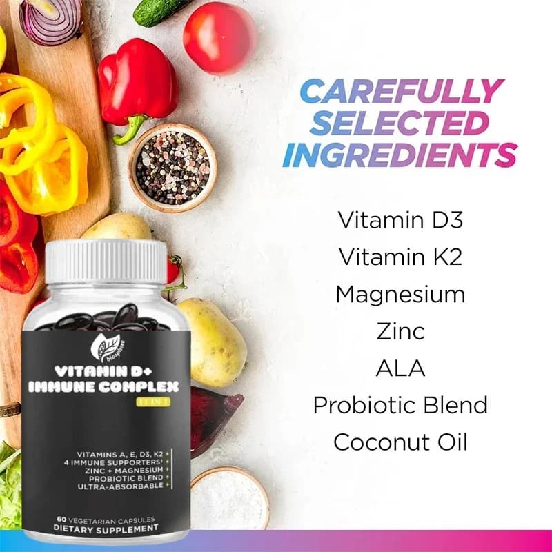 Daily vitamin D+imune immune complex supplement with zinc, magnesium and probiotics - 60 capsules for immune support