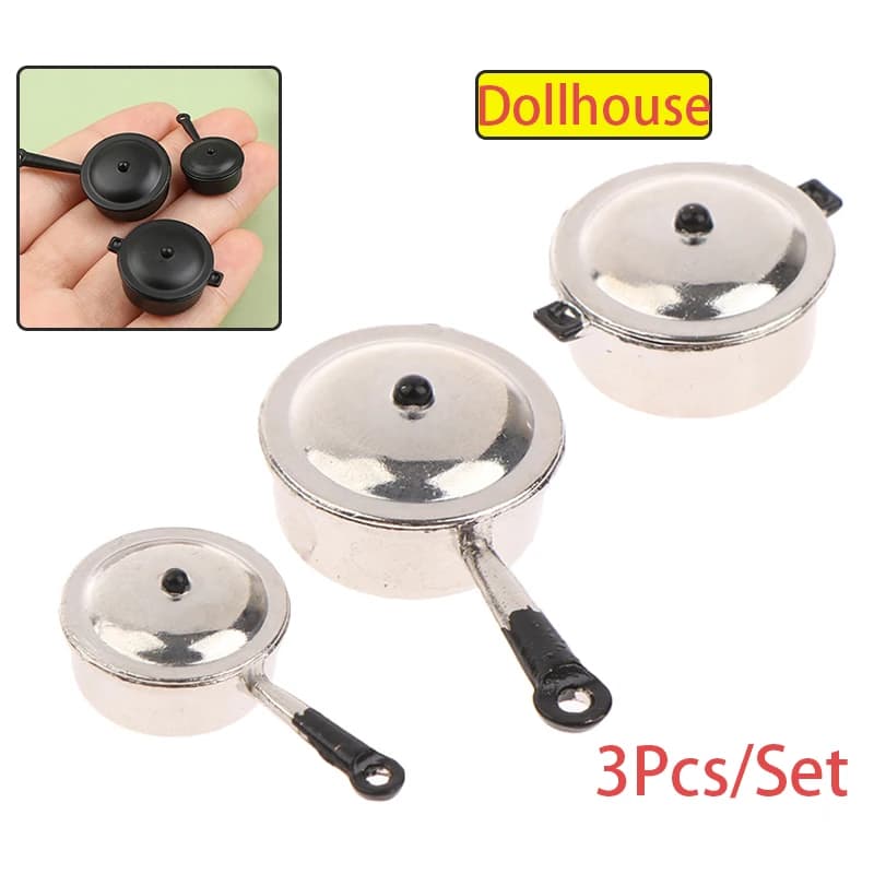 3pcs/Set 1:12 Dollhouse Miniature Frying Pan Casserole Metal Cookware Kitchen Model Decor Toy Doll House Accessories