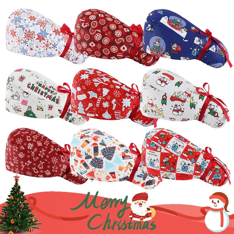 Long Hair Christmas Surgical Cap Medical Hats Dental clinic Nursing Scrub Caps Cotton Breathable Veterinary Nurse Hats Women C43