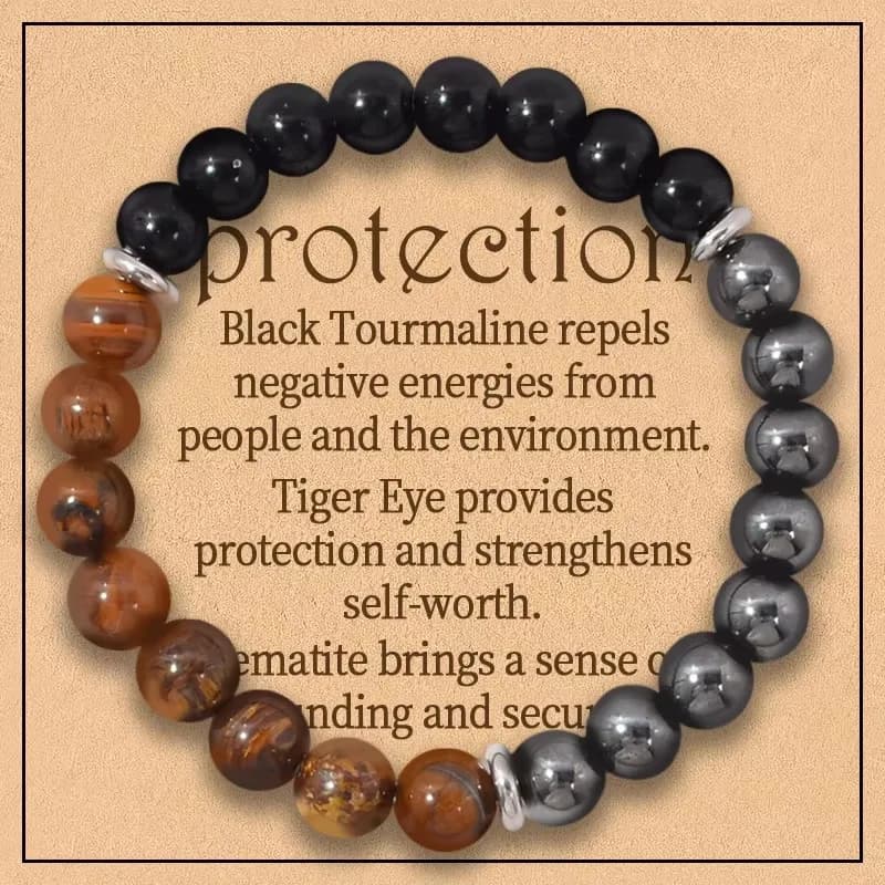 Bracelet with triple protection: tiger eye, black oxydiana and round protection crystals in 8 mm hematite (elastic bracelet with precious stones)
