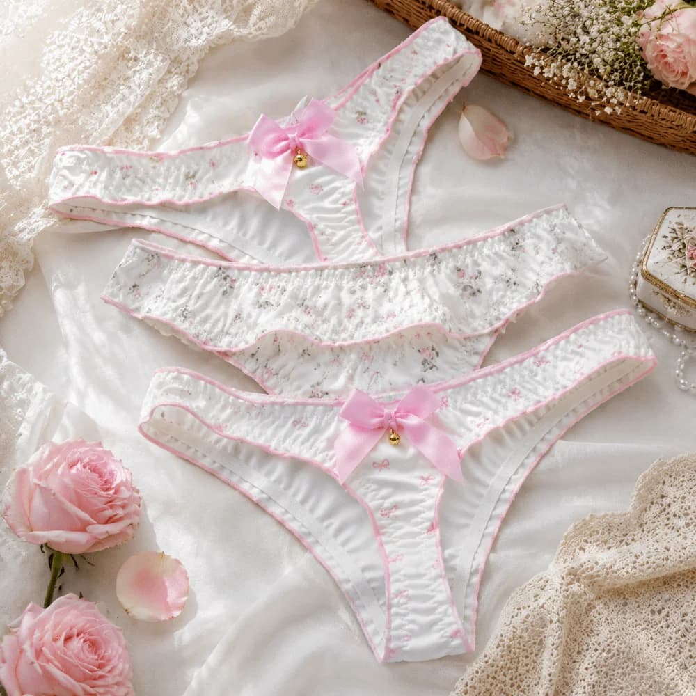 Comfortable Sweet Bow Women Panties Ruffle Flower Girls Briefs Low Waist Ice Silk Printed Underwear Students