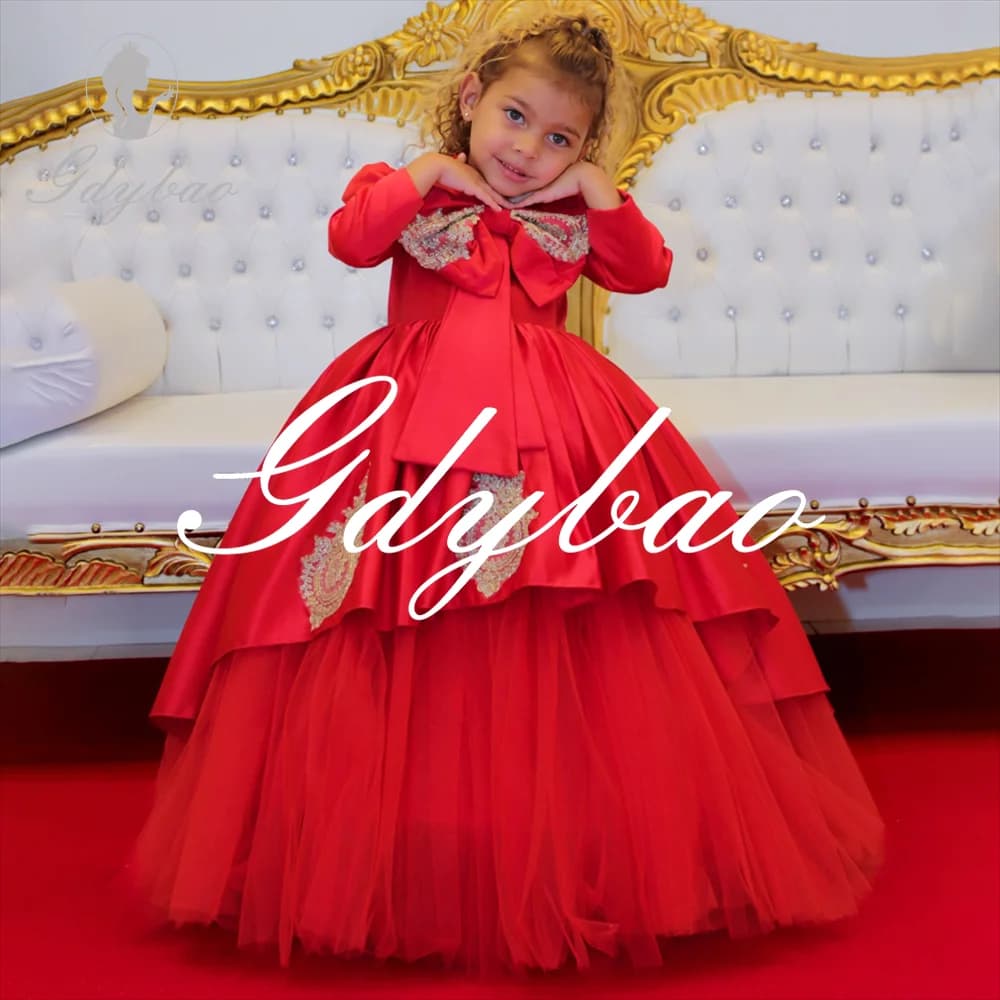 Abito da principessa con fiocco elegante con fiocco applicato, abito da ragazza di fiori, piega, lunghezza del pavimento, palla lunga, abito formale da prima comunione, personalizzato, nuovo