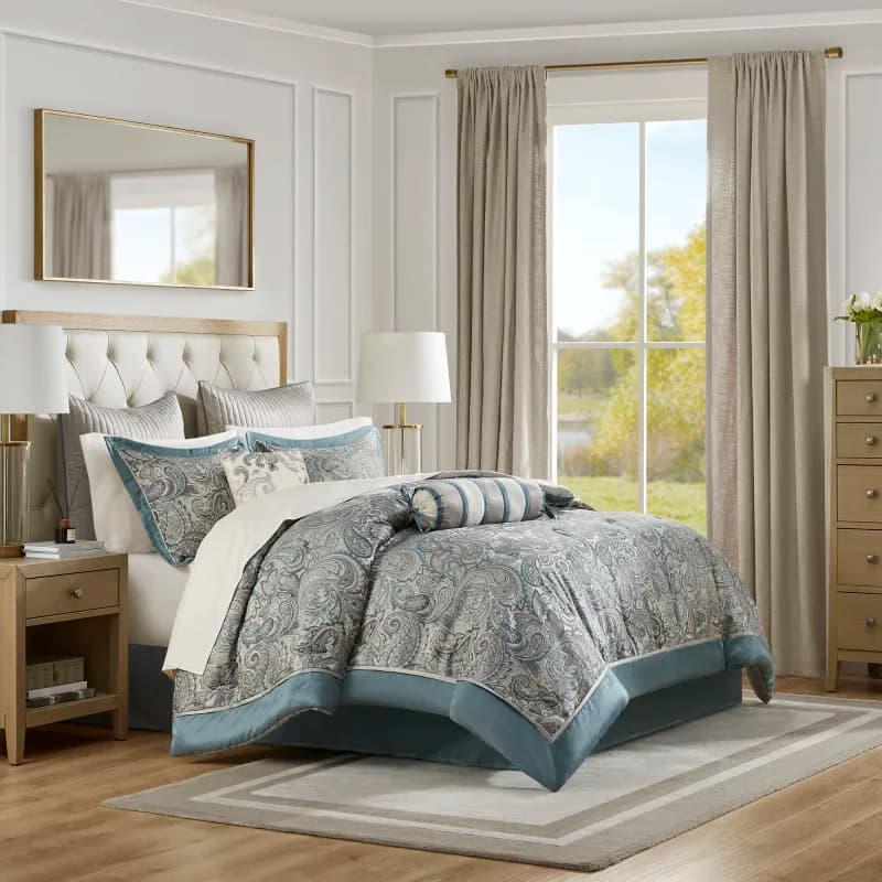 12 Piece Comforter Set with Cotton Bed Sheets Teal Cal King