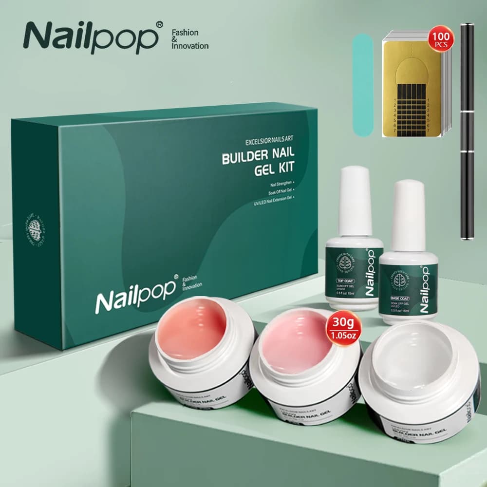 Nailpop 3 Colors Builder Nail Gel Kit Clear Nudes Pink Gel 30g Nail Art Manicure Set for Nails Extension Set with Base Top Coat