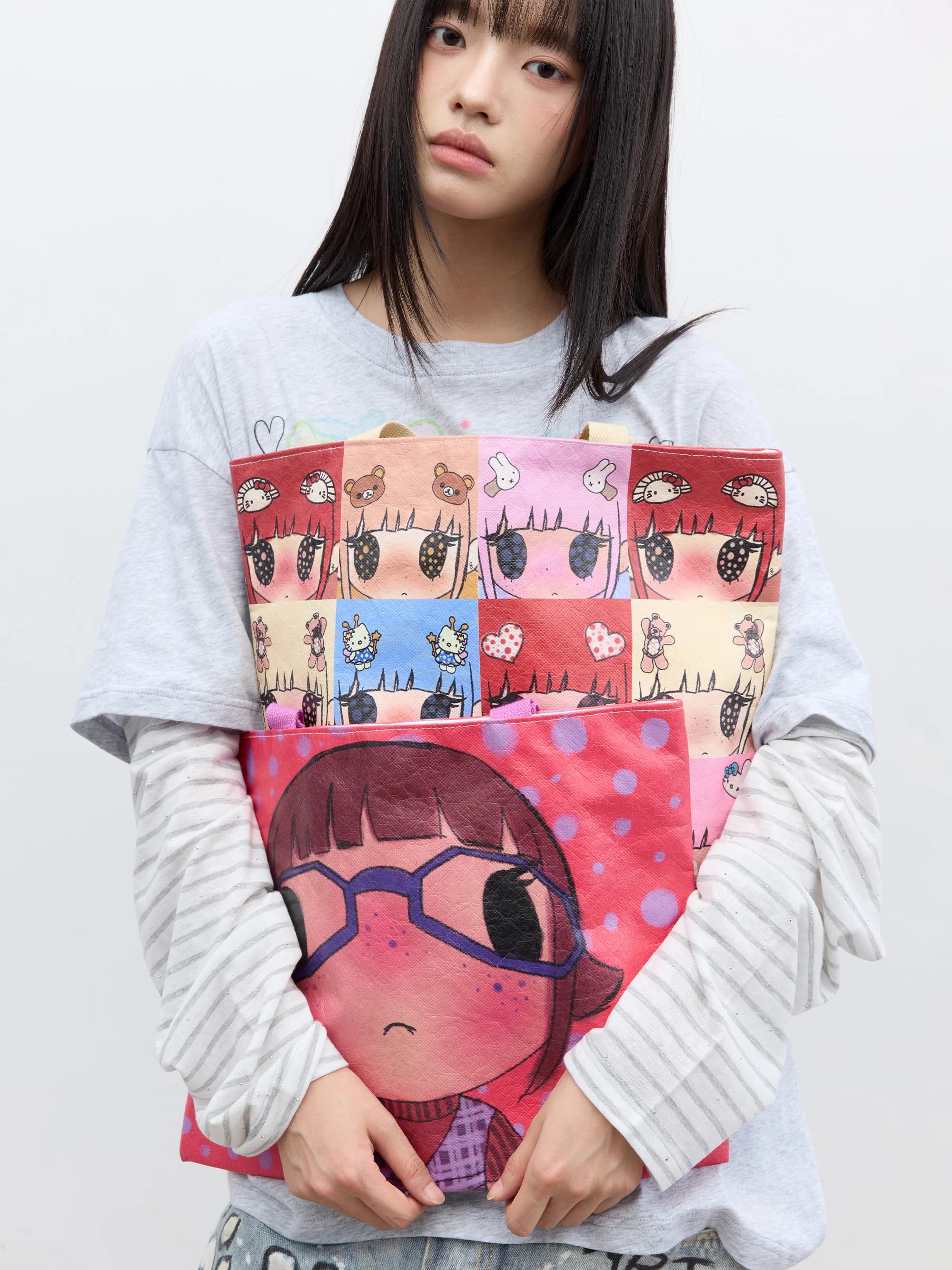 Artist Collaborative Portrait Handbag Street Cool Style Printed Tote Bag Unisex Daily Use Cartoon Pattern Square Shape