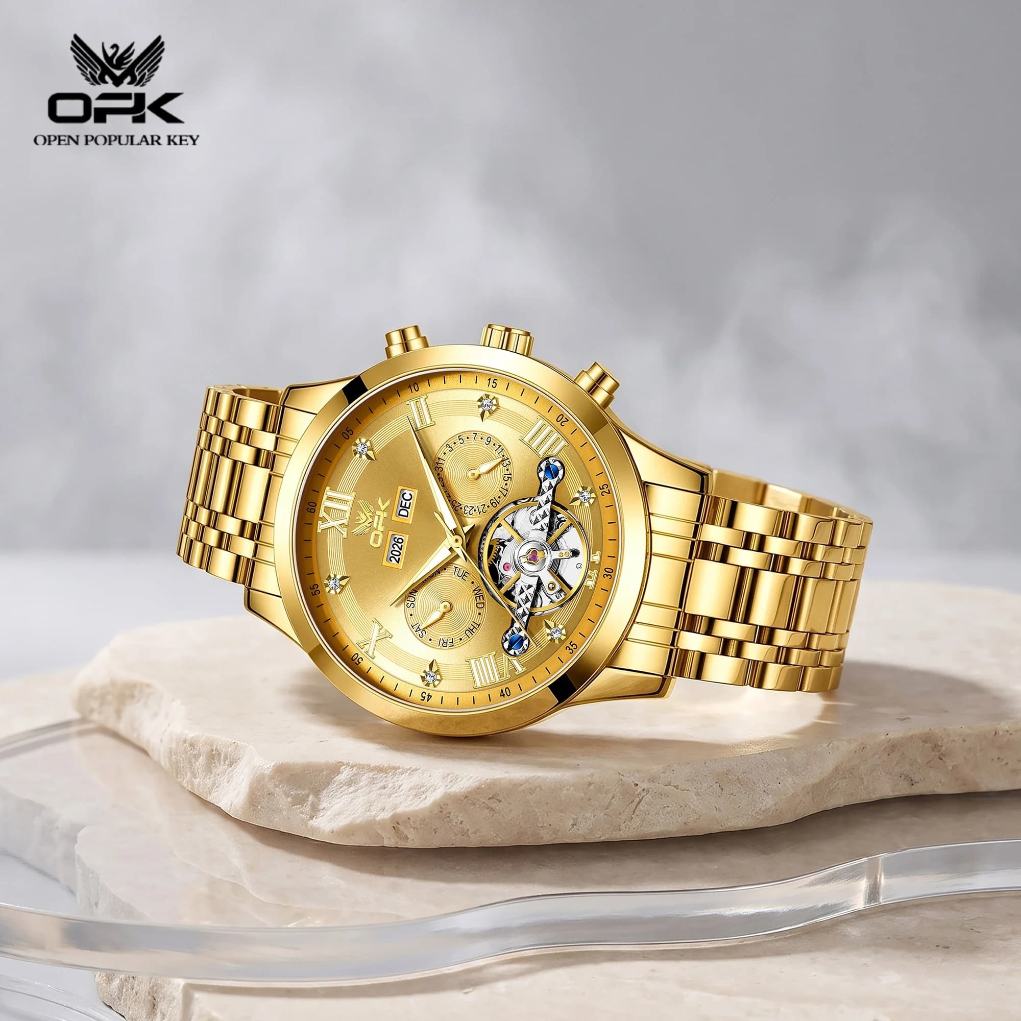 OPK 8198 Business Men Hollow Dial Fully Automatic Mechanical Watch Year Display Steel Strip HD Night Light 30M Waterproof Watch