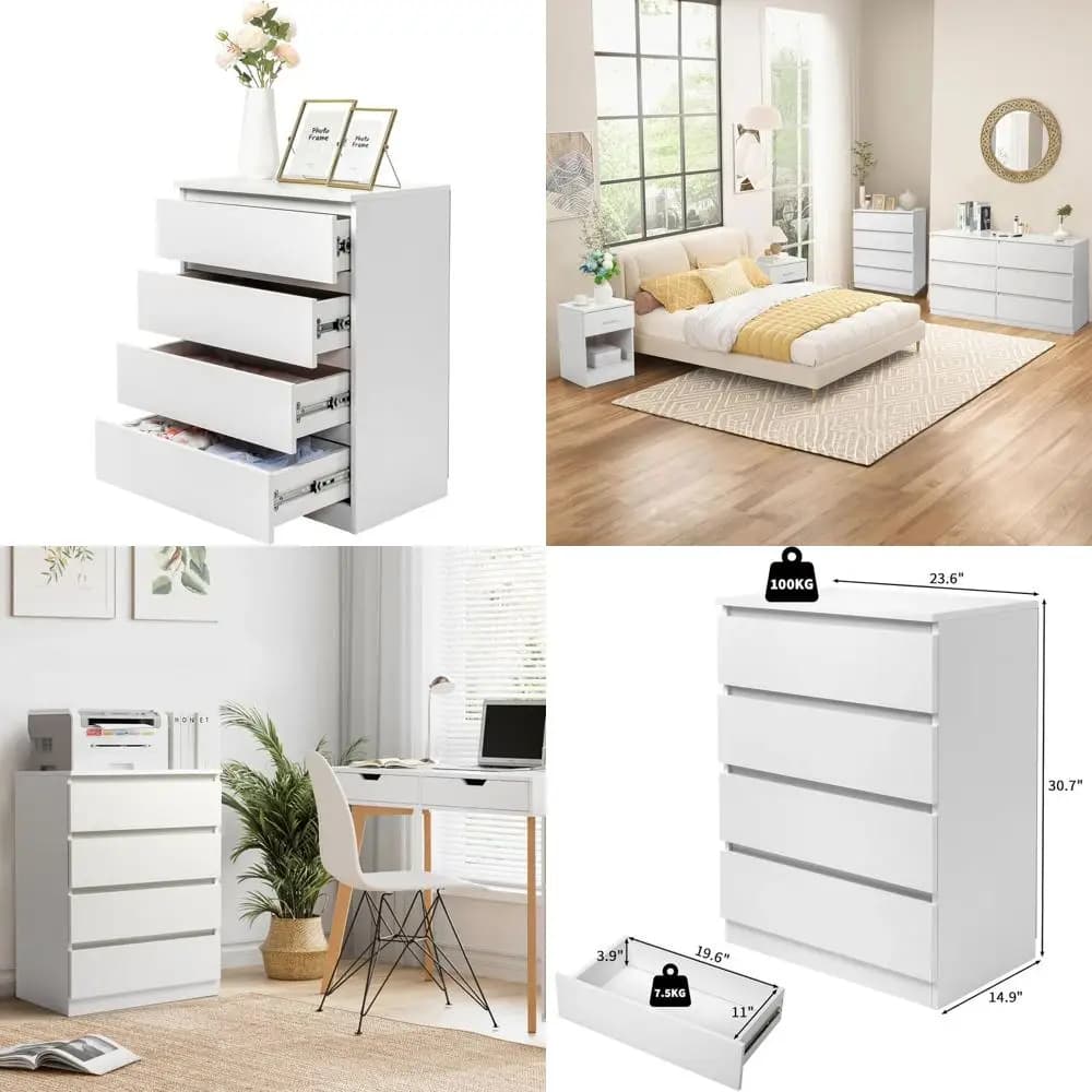 Cassettiera in Legno Bianca a 4 Cassetti per Camera da Letto, Soggiorno o Ufficio - Senza Maniglie, Anti-Ribaltamento, Contenitore per Corridoio