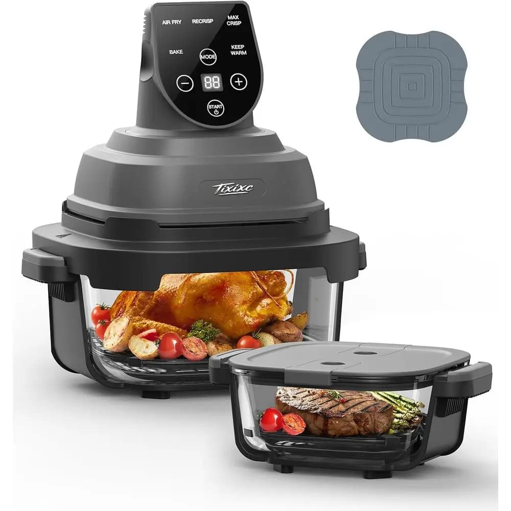 Friggitrice ad Aria 5-in-1 in Vetro, Contenitori da 4 Quarti e 6 Tazze, Tappetino in Silicone, 1500W, 90% Meno Olio, Lavabile in Lavastoviglie/Adatto al Congelatore per Pasti in Famiglia