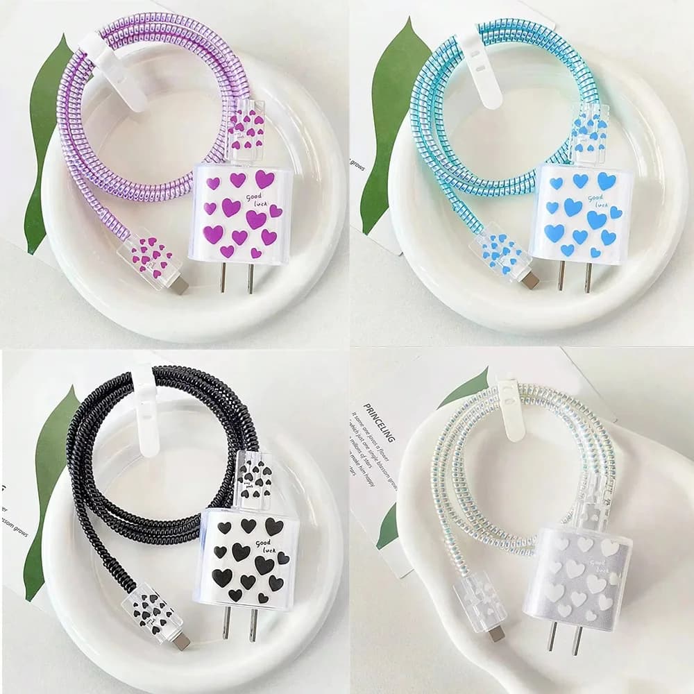 4 pcs/set Love Heart Soft Protective Case for iPhone 16 15 14 13 18W 20W Charging Head Protective Housing USB Wrap