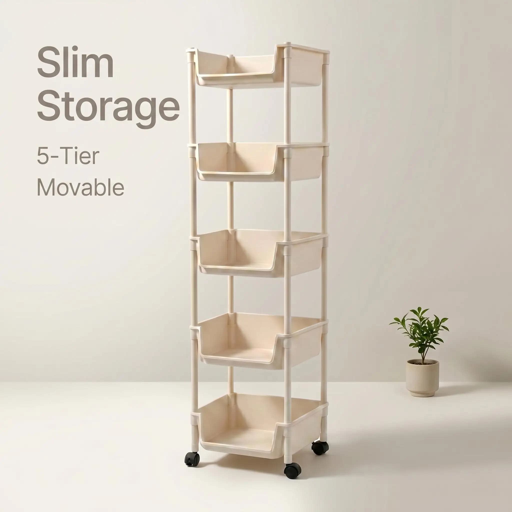 5 Tier Slim Rolling Storage Cart with Wheels Narrow Gap Organizer Rack Mobile Utility Trolley Space Saving Crevice Shelf Home Organization for Kitchen Bathroom Laundry Room Small Spaces