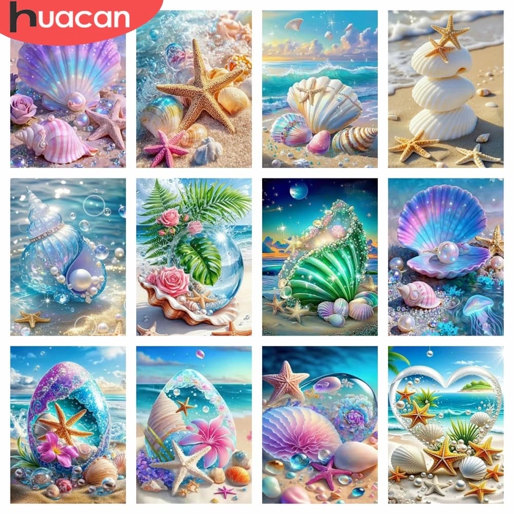 HUACAN Diamond Painting Shell Starfish Landscape Diamond Mosaic Seaside Beach Home Decor Full Square Round Drill Handicrafts