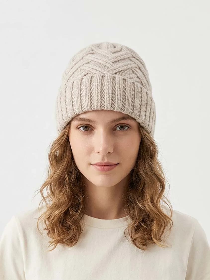 Berretto in Lana per Donna, Cappello Lavorato a Maglia con Motivo a Spina di Pesce, Berretto Invernale
