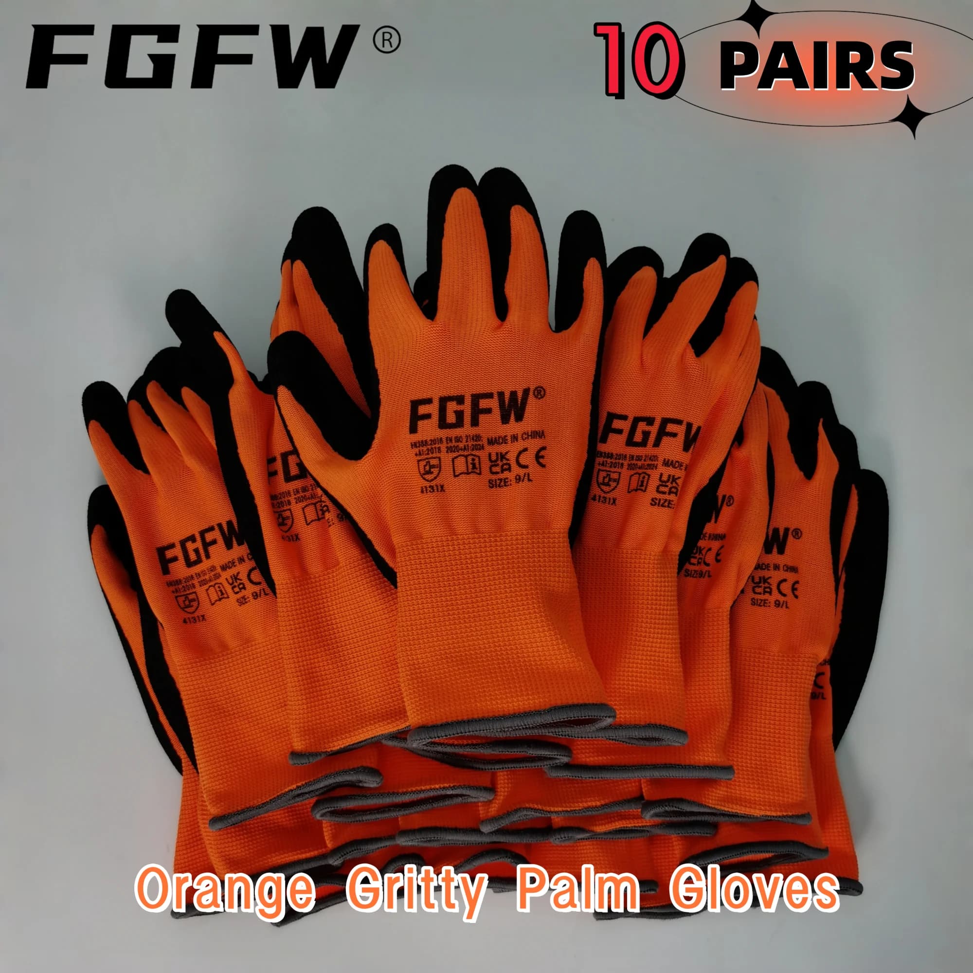 FGFW 10 paia di guanti da lavoro arancioni in nitrile sabbiato EN388 livello 4, resistenti all'abrasione, per meccanici e riparazioni auto