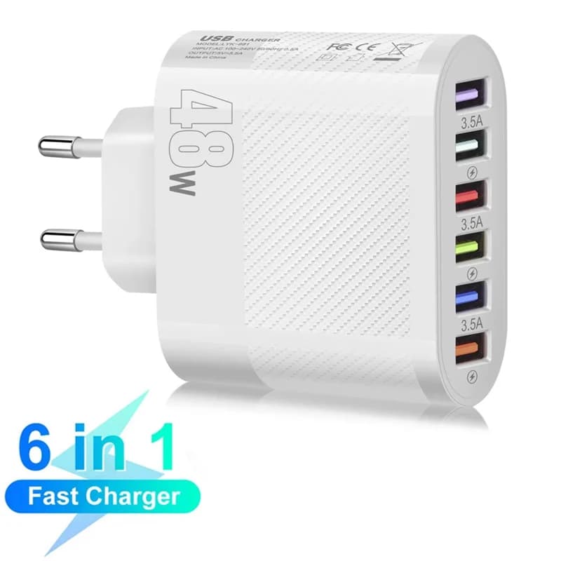 Caricatore da Viaggio Universale USB a 6 Porte da 48W con Protezione Intelligente, Blocco di Ricarica Rapida QC3.0 con Spina EU/UK/US per iPhone Samsung Xiaomi