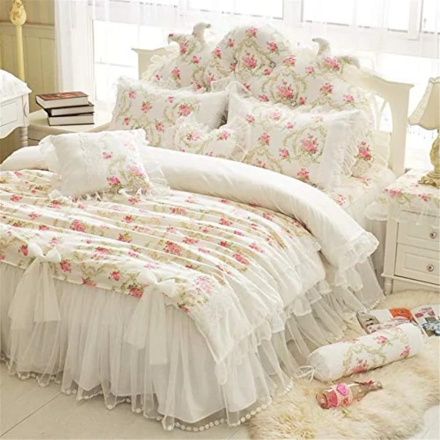 Set di Biancheria da Letto per Ragazze con Copripiumino in Pizzo e Volant, Set Principessa con Stampa Floreale Vintage, 4 Pezzi