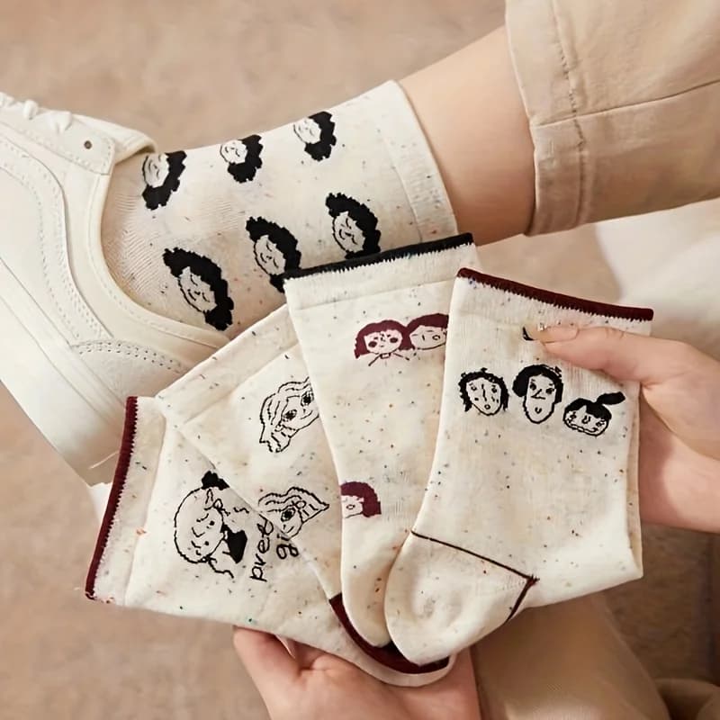 5 Pairs Mixed Color Autumn Winter Cartoon Character Mid-Calf Socks for Women Cute Little Head Image College Style Ladies Socks