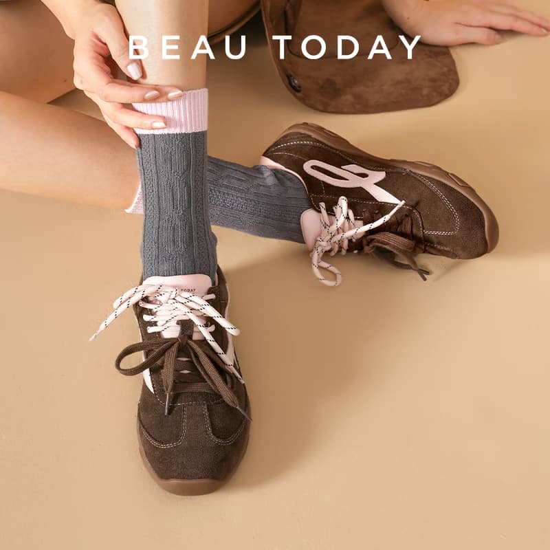 BEAUTODAY Sneaker casual Pelle scamosciata di mucca Colore misto Punta tonda Lacci bicolore Scarpe da ginnastica Scarpe da donna fatte a mano 29977