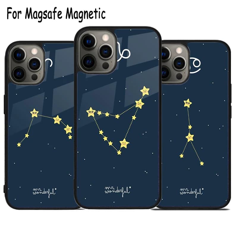 Cover Magnetica Magsafe con Simboli e Nomi dei 12 Segni Zodiacali per iPhone 17 Air 15 16e 14 13 11 12 Pro Max Plus