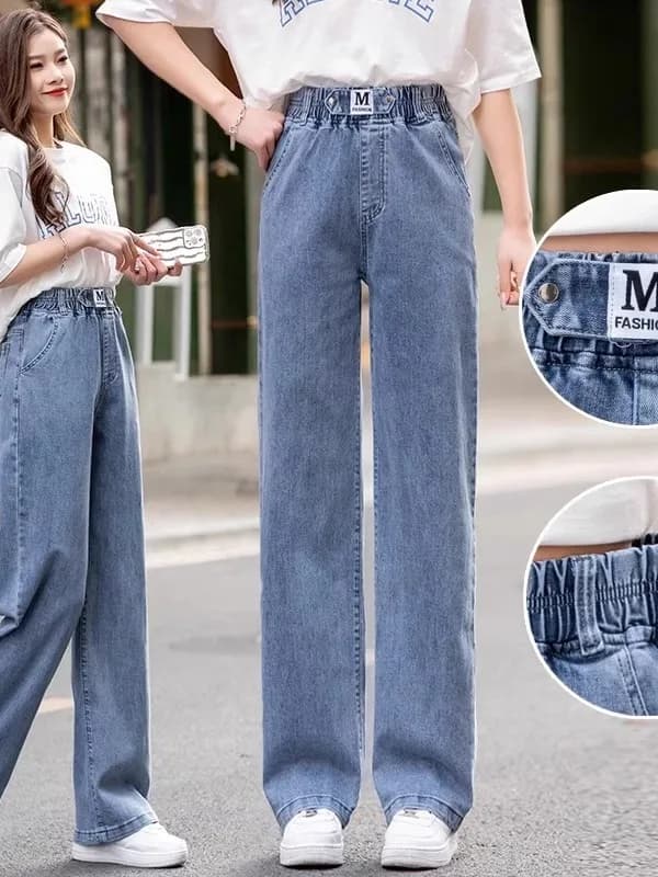 High Waist Thin Denim Jeans Women's Straight Leg Crop Pants Summer Casual Elastic Waist Wide Leg Pants Slimming Effect