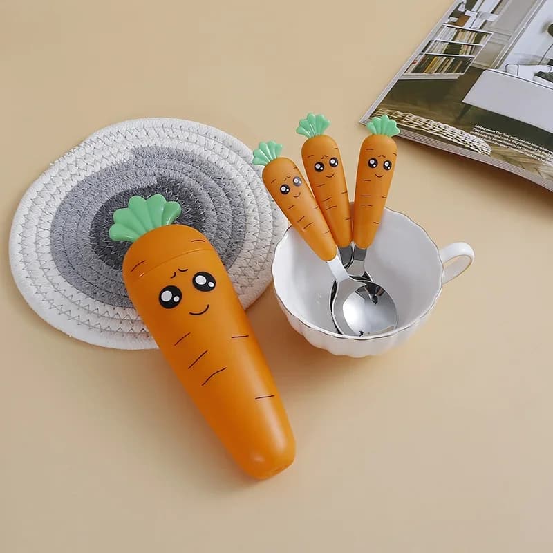 Crockery set for carrots in stainless steel Cutlery fork spoon animated cardboard with box Children's tableware Tools for feeding baby Kitchen utensils