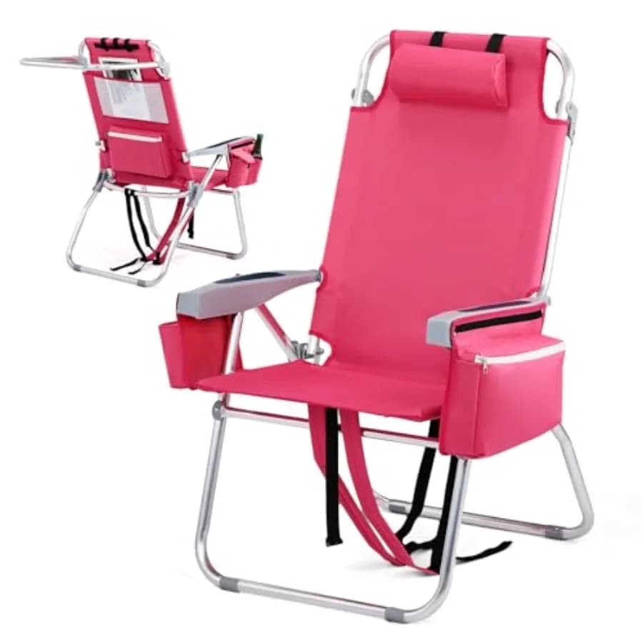 Sedia da Spiaggia Alta 1 Pezzo Leggera, Sedia da Spiaggia a Zaino per Adulti con 5 Posizioni, Borsa Termica, Portabicchieri, Porta Asciugamani, Luce