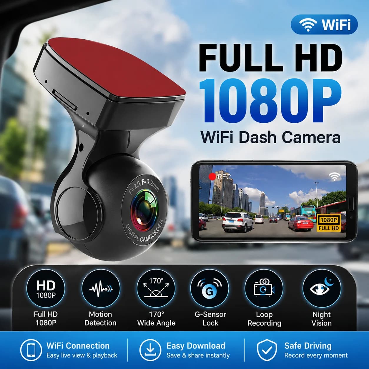 EKLEVA 1080P HD Dash Cam WiFi 170°FOV Hidden Night Vision Motion Detection Car DVR