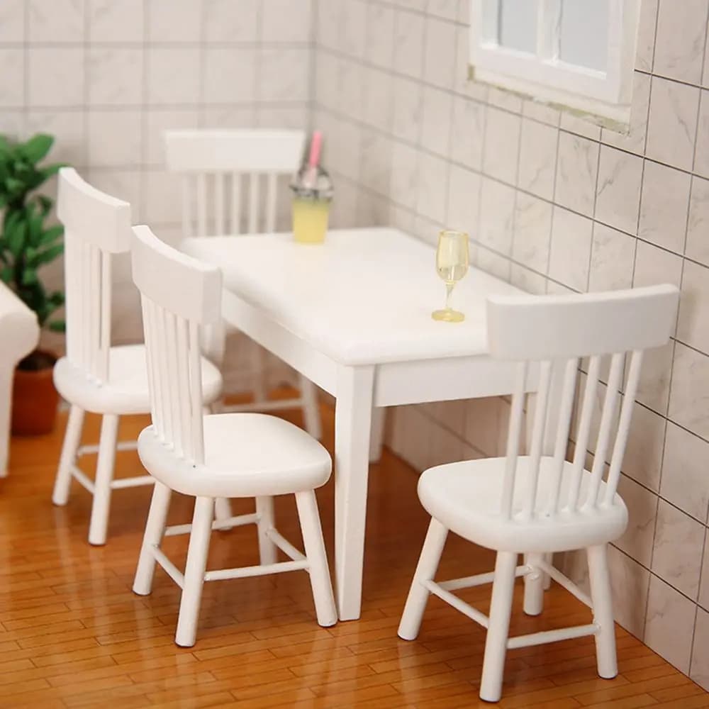 1/12 decorazione della casa delle bambole mobili da tavolo in miniatura giocattoli simulazione sedia modello Set tavolo da pranzo bianco in legno accessori per bambole