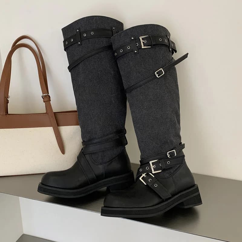 Eilyken Autumn WinterRound Toe Women Knee-High Boots Designer Buckle Strap Long Booties Punk Style Low Heels Shoes