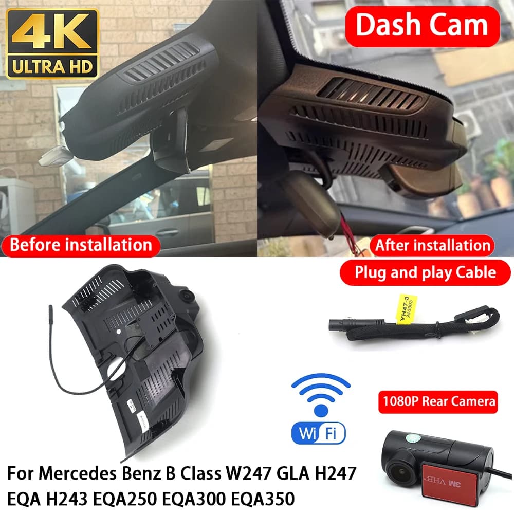 for Mercedes Benz B Class W247 GLA H247 EQA H243 EQA250 EQA300 EQA350 4K 2160P Dash Cam Front Rear Car Camera Wifi Plug & Play