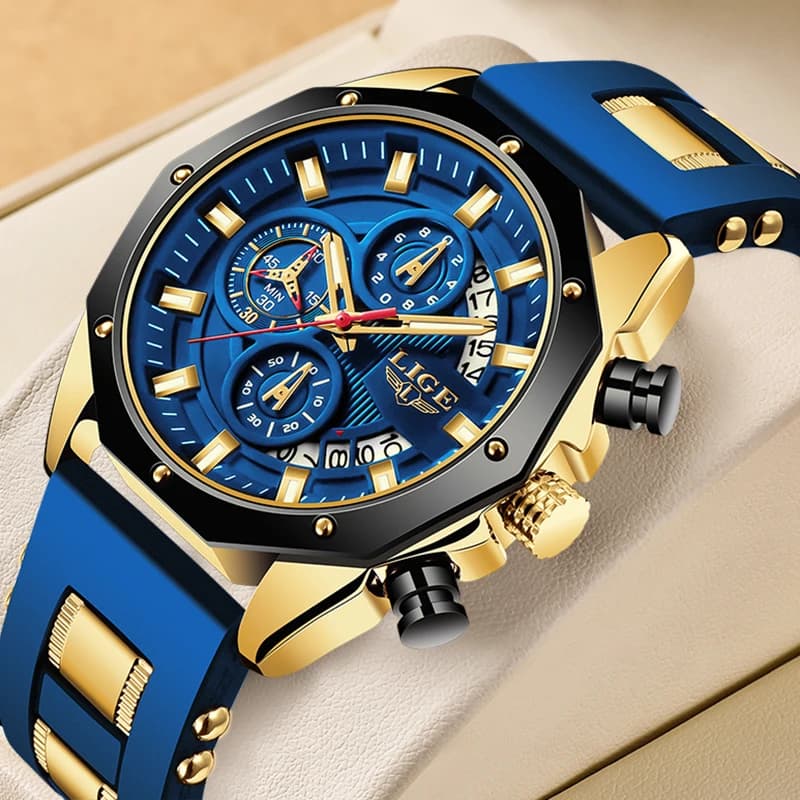 LIGE Men's Sports Chronograph Wrist Watch Luminous Waterproof Silicone Blue Fashion Military Quartz Watches Casual