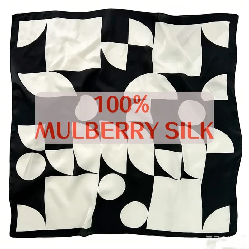 53cm Black White Abstract Geometric 100% MULBERRY SILK Square Scarf Women Neck Bandana Minimalist Nordic Hair Bag Wrap Lady Gift
