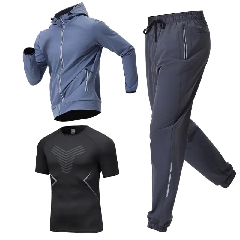 Set da Corsa e Allenamento 3 Pezzi per Uomo, Traspirante e Anti-Sudore, con Felpa con Cappuccio, Pantaloni Lunghi e Maglia a Maniche Corte per Fitness