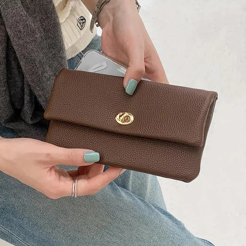 Women Long Wallet Lychee Pattern PU Leather Cards Holder Solid Color Zipper Slim Wallets Buckle Portable Change Bag For Ladies