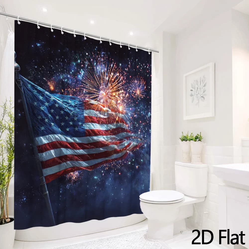 Tenda da doccia 2D piatta, 1 pz, per il Quattro Luglio, con bandiera americana e fuochi d'artificio, decorazione patriottica colorata per il bagno, tenda da appendere 70.8x70.8 pollici con ganci, 2D piatta