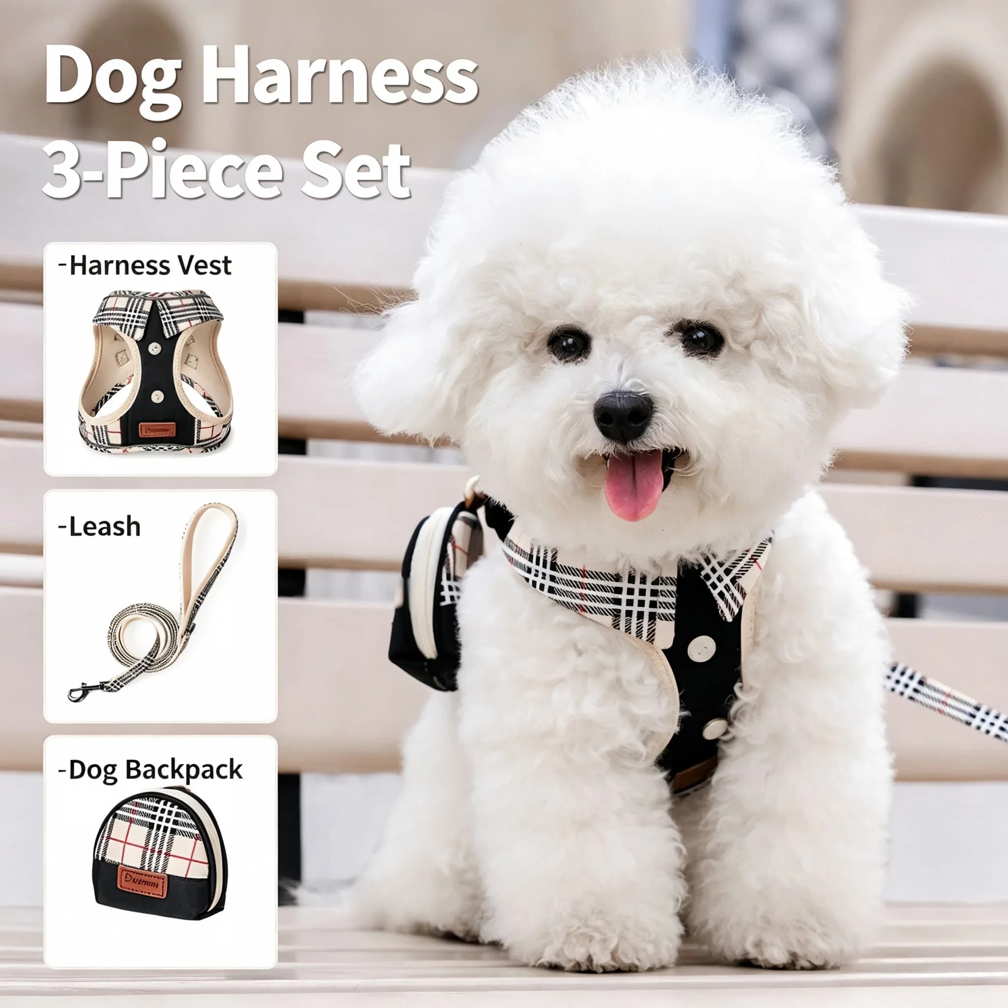 Pet Harness Leash for Outdoor Walking, British Plaid 3‑Piece Dog Harness Set with Backpack, Adjustable Kit for Small Puppy Dogs