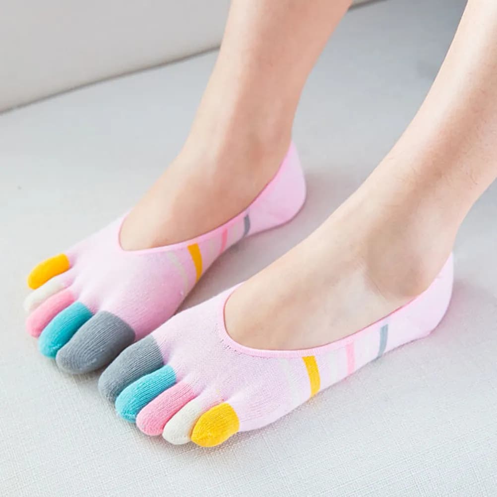 5 paia di calzini da yoga per donna, calzini invisibili in cotone a taglio basso, design con cinque dita separate, calze a righe