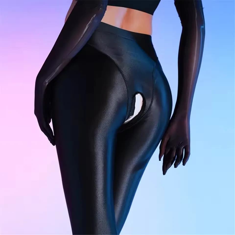 Con apertura sul cavallo Collant sexy Vita alta Collant liscio setoso Pole Dance Slim Skinny Clubwear Donna Olio lucido Biancheria intima elastica